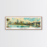 Charlotte North Carolina Panoramic Painting, Mid Century Modern Framed Canvas Print, Retro Pop Art Travel Poster, Wall Art, Home Decor, Office Art