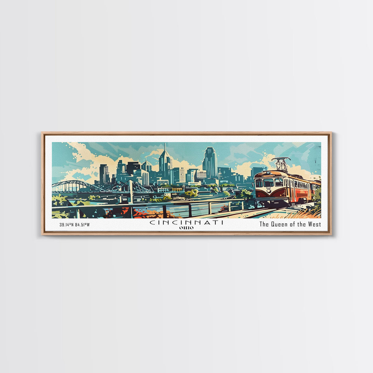 Cincinnati Ohio Panoramic Wall Art, Retro Pop Art Framed Canvas Print, Mid Century Modern Travel Poster, Living Room Decor, Wall Hanging, Office Art