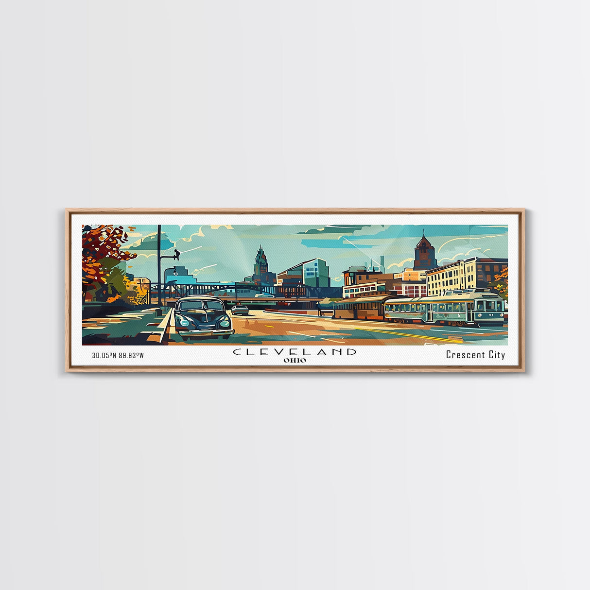 Cleveland Ohio Panoramic Wall Art, Mid Century Modern Framed Canvas Print, Retro Pop Art Travel Poster, Office Wall Art, Living Room Decor