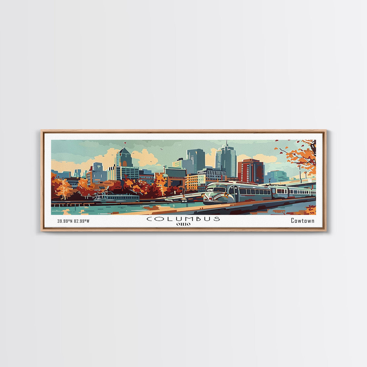 Columbus Ohio Panoramic Painting, Mid Century Modern Framed Canvas Print, Retro Pop Art Travel Poster, Wall Art, Home Decor, Office Art, Gift Idea