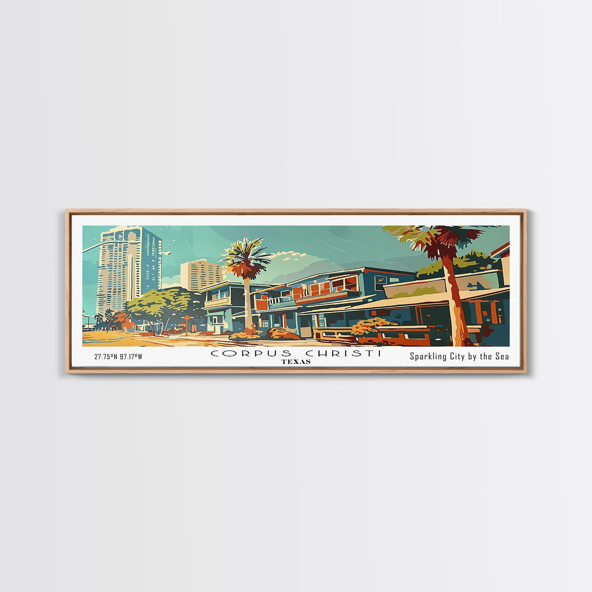 Corpus Christi Texas Panoramic Painting, Mid Century Modern Framed Canvas Print, Retro Pop Art Travel Poster, Wall Decor, Home Decor, Wall Hanging