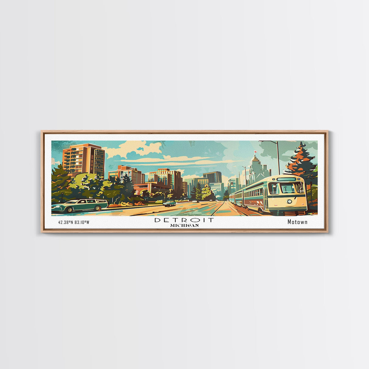 Detroit Michigan Panoramic Wall Art, Mid Century Modern Framed Canvas Print, Retro Pop Art Travel Poster, Office Art, Living Room Decor