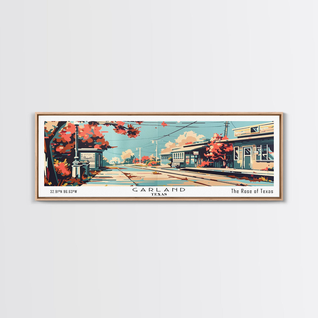 Garland Texas Panoramic Painting, Mid Century Modern Framed Canvas Print, Retro Pop Art Travel Poster, Wall Art, Home Decor, Office Art