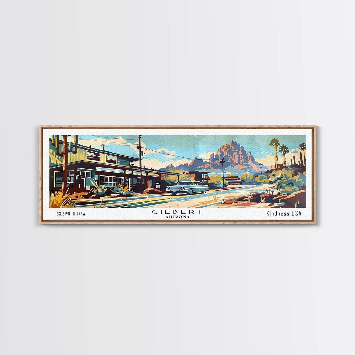 Gilbert Arizona Panoramic Painting, Mid Century Modern Framed Canvas Print, Retro Pop Art Travel Poster, Living Room Art, Wall Hanging, Office Decor