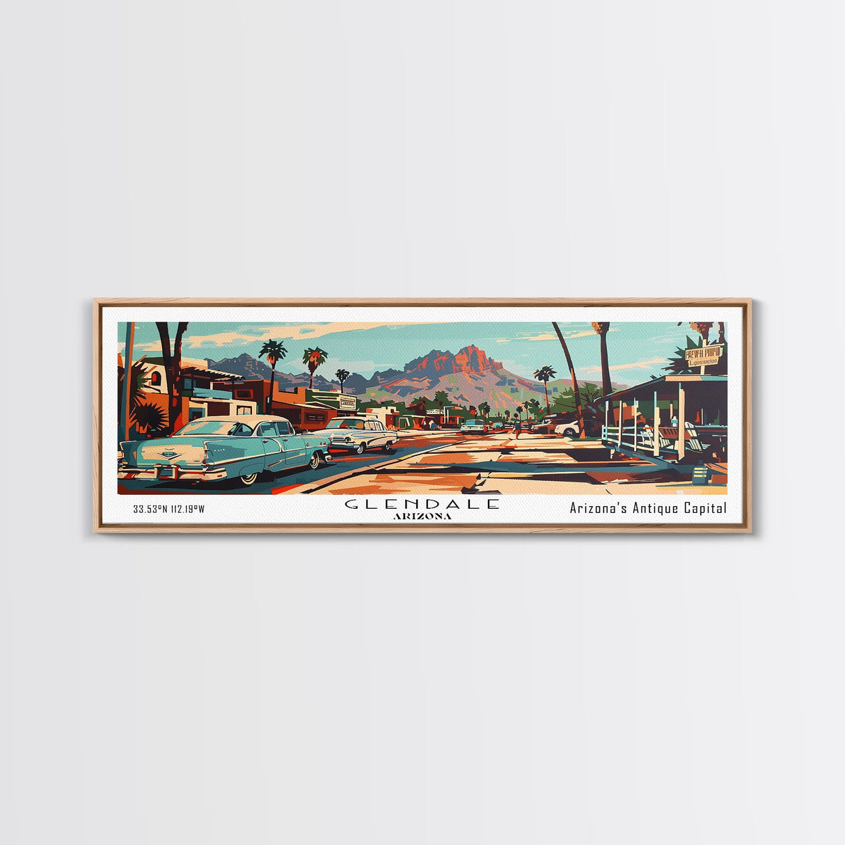 Glendale Arizona Panoramic Wall Art, Mid Century Modern Framed Canvas Print, Retro Pop Art Travel Poster, Home Decor, Office Wall Art, Gift Idea