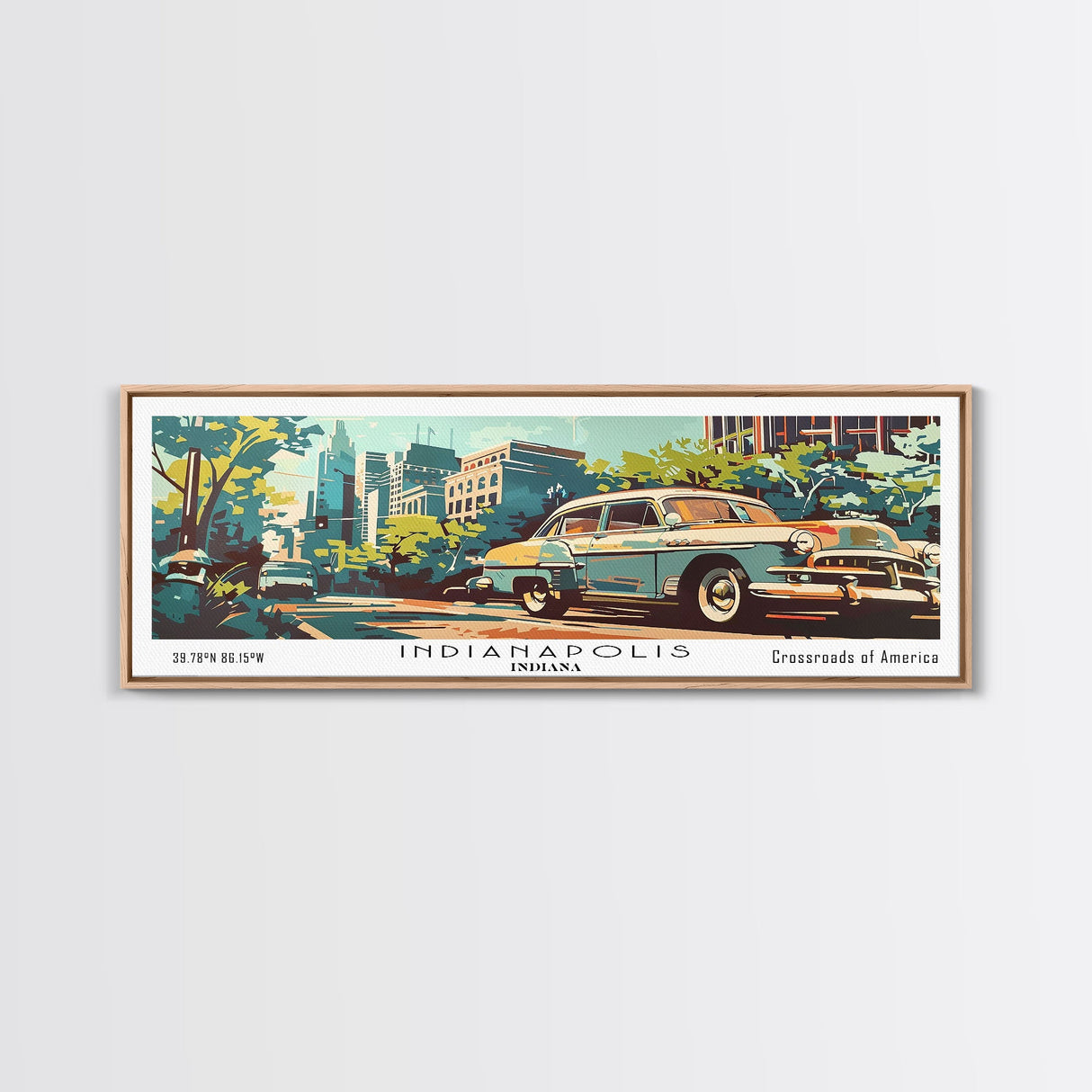 Indianapolis Indiana Panoramic Painting, Mid Century Modern Framed Canvas Print, Retro Pop Art Travel Poster, Wall Art, Living Room Decor, Office Wall Art