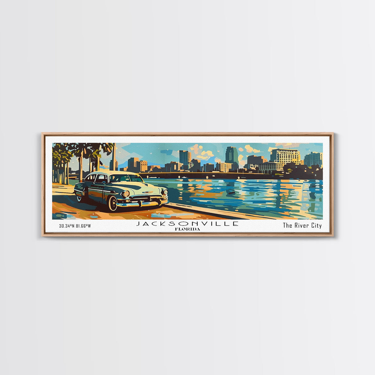 Jacksonville Florida Panoramic Wall Art, Mid Century Modern Framed Canvas Print, Retro Pop Art Travel Poster, Living Room Art, Office Decor, Wall Hanging