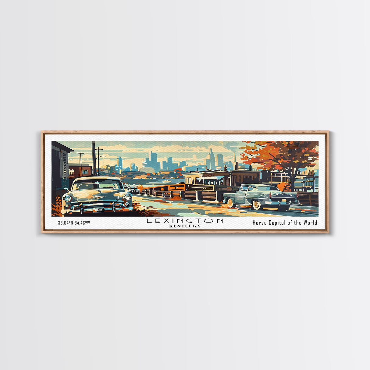 Lexington Kentucky Panoramic Wall Art, Mid Century Modern Framed Canvas Print, Retro Pop Art Travel Poster, Living Room Art, Office Decor, Wall Hanging