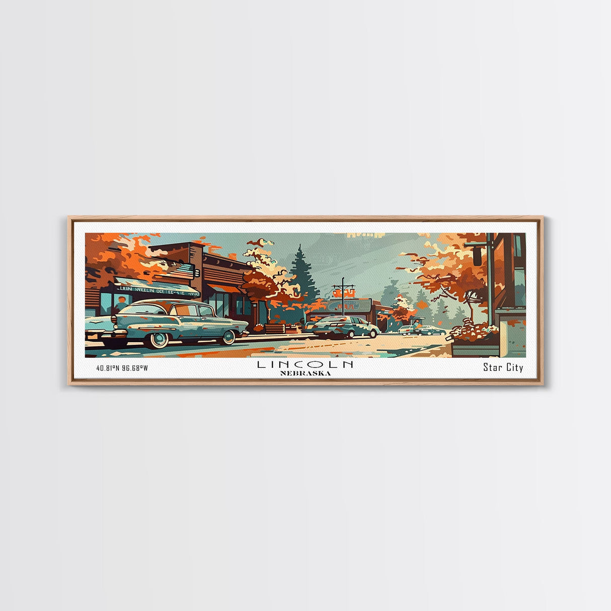 Lincoln Nebraska Panoramic Painting, Mid Century Modern Framed Canvas Print, Retro Pop Art Travel Poster, Wall Art, Home Decor, Office Wall Art, Living Room Decor