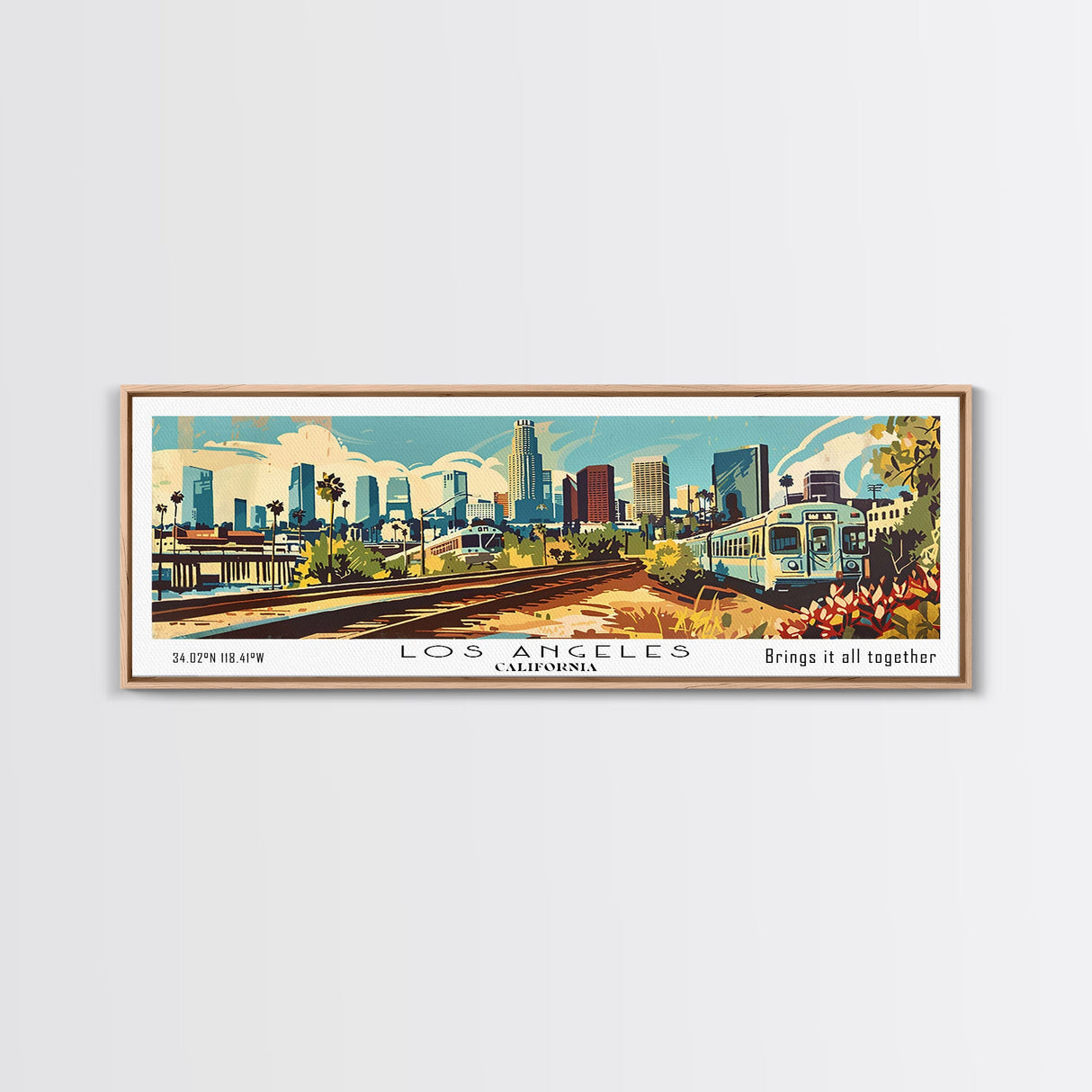 Los Angeles California Panoramic Wall Art, Mid Century Modern Framed Canvas Print, Retro Pop Art Travel Poster, Home Decor, Office Wall Art, Gift Idea