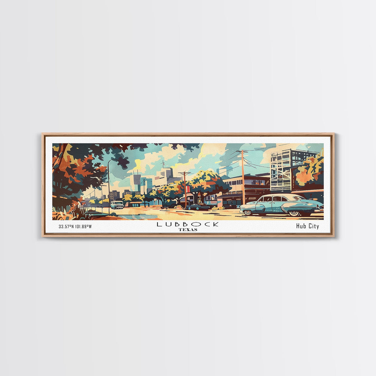 Lubbock Texas Panoramic Wall Art, Mid Century Modern Framed Canvas Print, Retro Pop Art Travel Poster, Home Decor, Living Room Art, Office Wall Hanging, Gift Idea