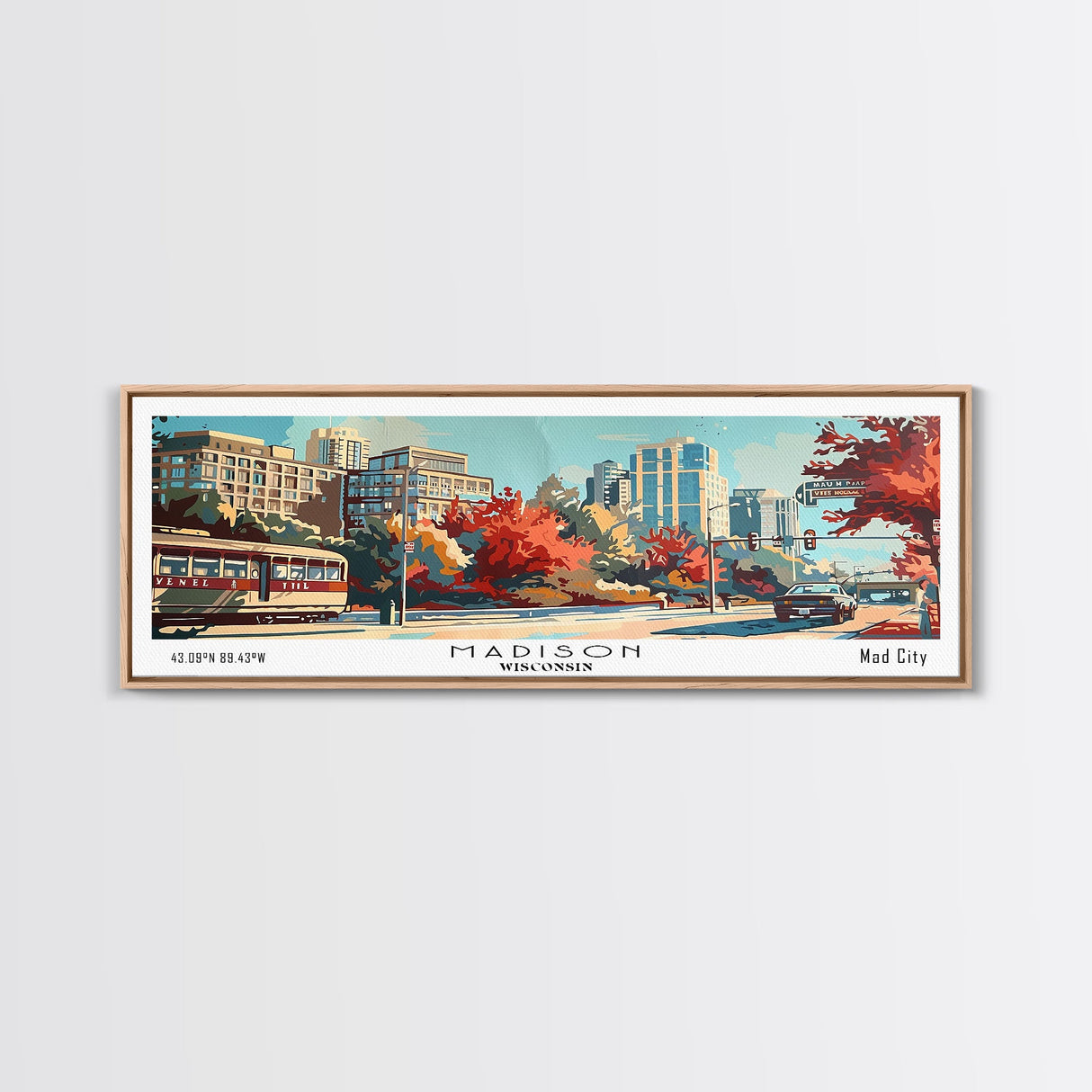 Madison Wisconsin Panoramic Painting, Mid Century Modern Framed Canvas Print, Retro Pop Art Travel Poster, Wall Art, Home Decor, Office Wall Art, Living Room Decor