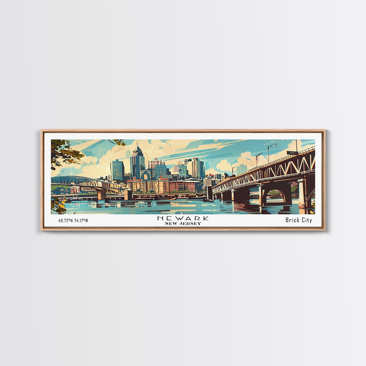 Newark New Jersey Panoramic Wall Art, Mid Century Modern Framed Canvas Print, Retro Pop Art Travel Poster, Home Decor, Office Art, Gift Idea, Living Room Wall Hanging