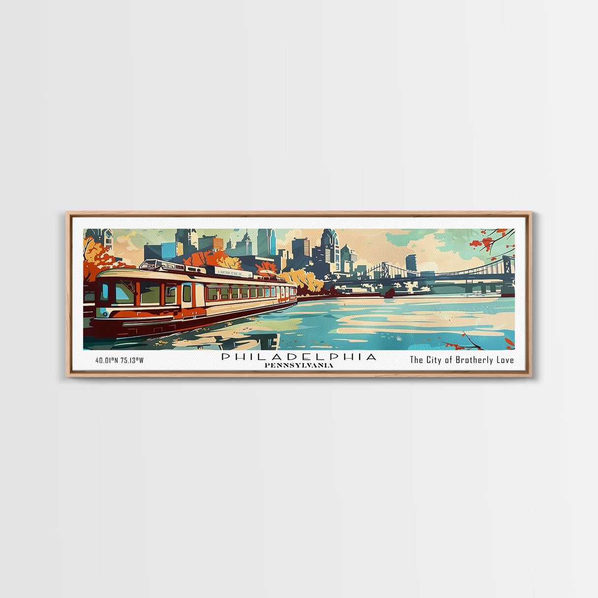 Philadelphia Pennsylvania Panoramic Wall Art, Retro Pop Art Framed Canvas Print, Mid Century Modern Travel Poster, Living Room Decor