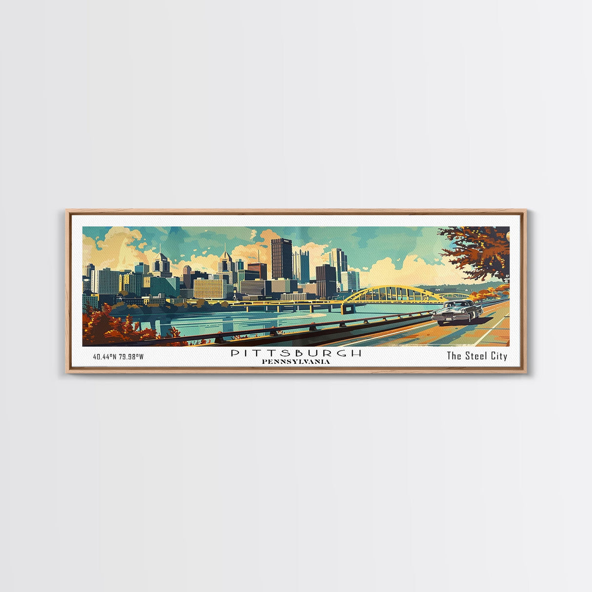 Pittsburgh Pennsylvania Panoramic Wall Art, Mid Century Modern Framed Canvas Print, Retro Pop Art Travel Poster, Living Room Decoration