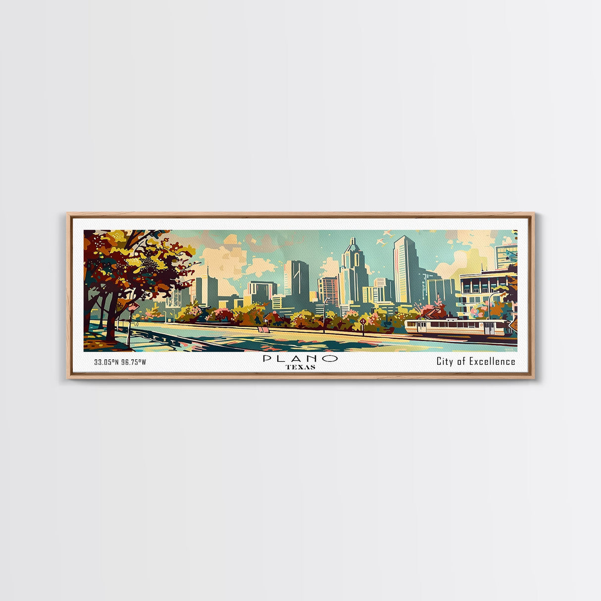 Plano Texas Panoramic Painting, Mid Century Modern Framed Canvas Print, Retro Pop Art Travel Poster, Living Room and Office Decor