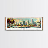 Plano Texas Panoramic Painting, Mid Century Modern Framed Canvas Print, Retro Pop Art Travel Poster, Living Room and Office Decor