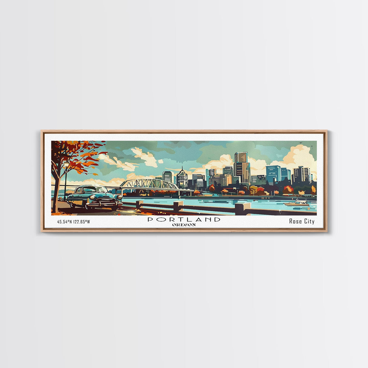 Portland Oregon Panoramic Wall Art, Mid Century Modern Framed Canvas Print, Retro Pop Art Travel Poster, Home Office and Living Room Decor