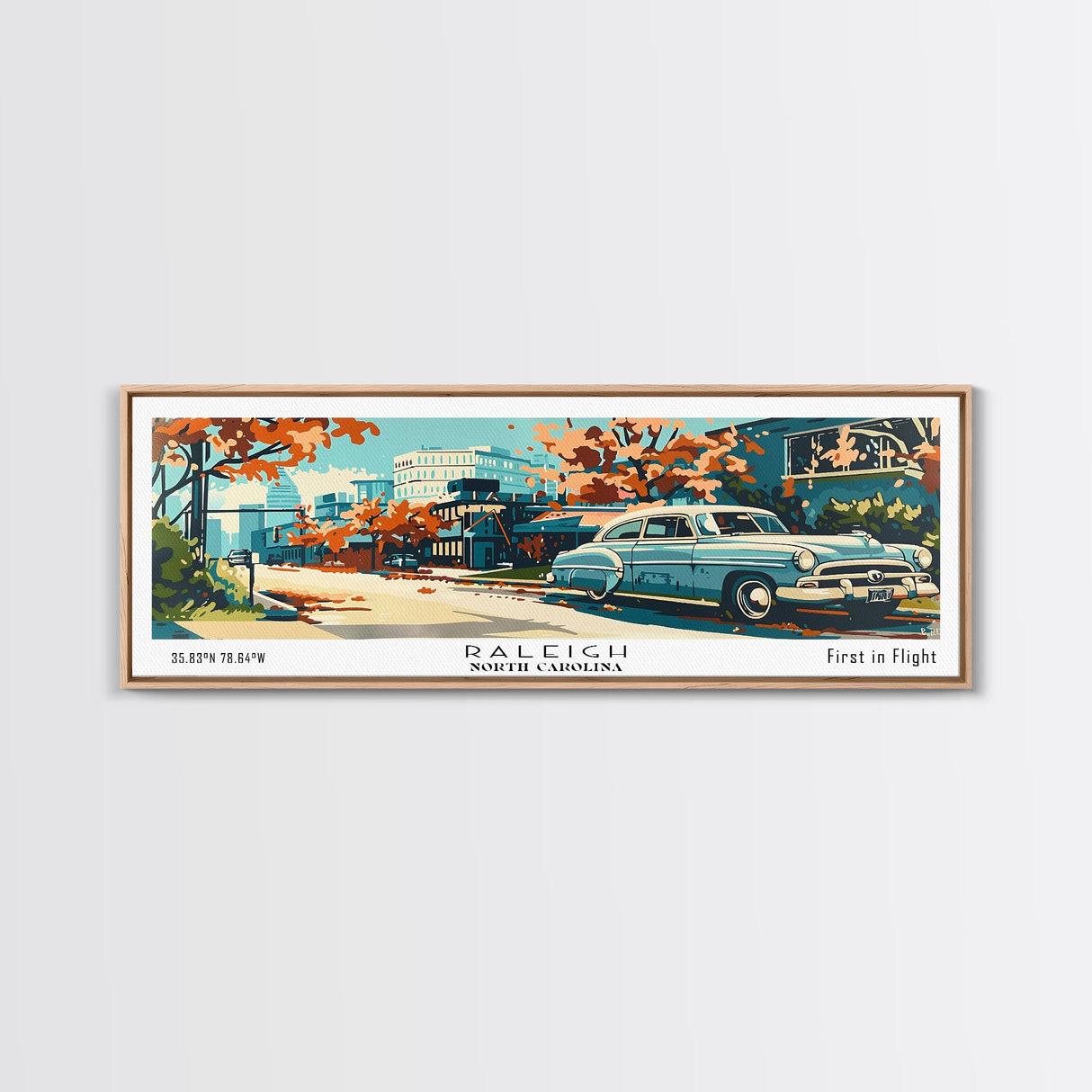 Raleigh North Carolina Panoramic Painting, Mid Century Modern Framed Canvas Print, Retro Pop Art Travel Poster, Living Room and Office Wall Art