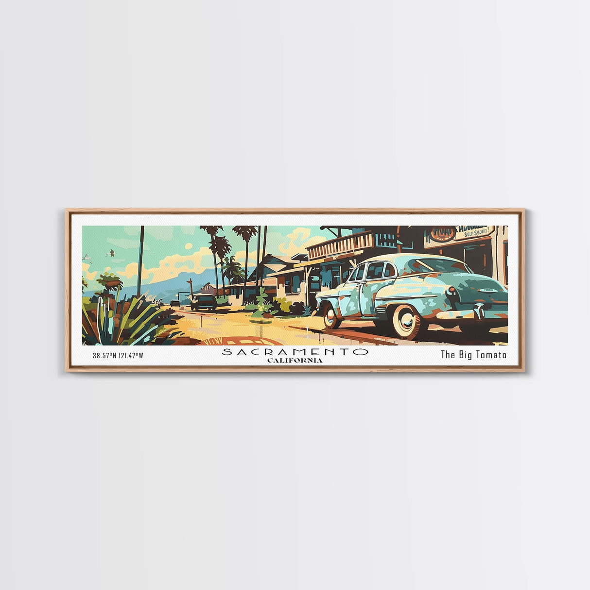 Sacramento California Panoramic Painting, Mid Century Modern Framed Canvas Print, Retro Pop Art Travel Poster, Living Room and Office Wall Art