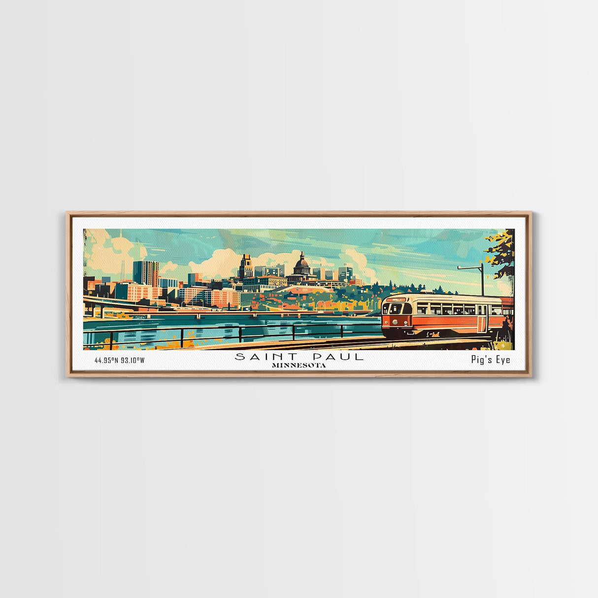 Saint Paul Minnesota Panoramic Wall Art, Mid Century Modern Framed Canvas Print, Retro Pop Art Travel Poster, Living Room and Office Decor