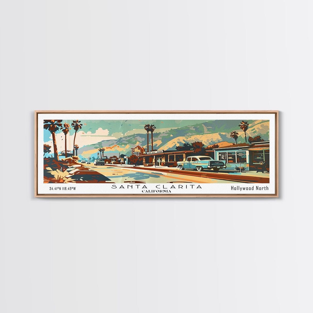 Santa Clarita California Panoramic Wall Art, Mid Century Modern Framed Canvas Print, Retro Pop Art Travel Poster, Living Room and Office Decor