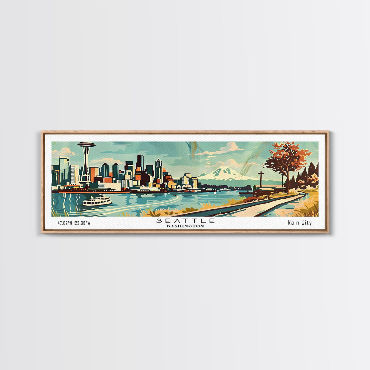 Seattle Washington Panoramic Painting, Mid Century Modern Framed Canvas Print, Retro Pop Art Travel Poster, Living Room Wall Art Decor