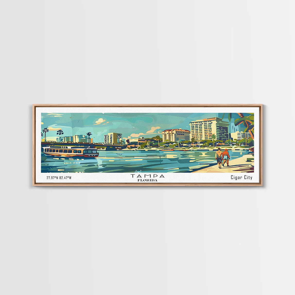 Tampa Florida Panoramic Painting, Mid Century Modern Framed Canvas Print, Retro Pop Art Travel Poster, Living Room and Office Decor