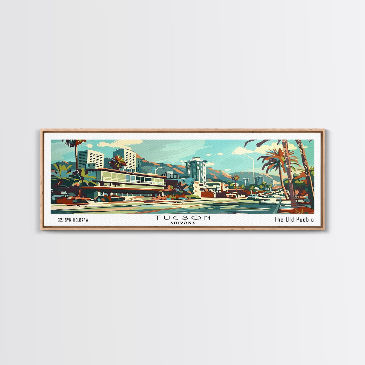 Tucson Arizona Panoramic Wall Art, Mid Century Modern Framed Canvas Print, Retro Pop Art Travel Poster, Living Room and Office Decor