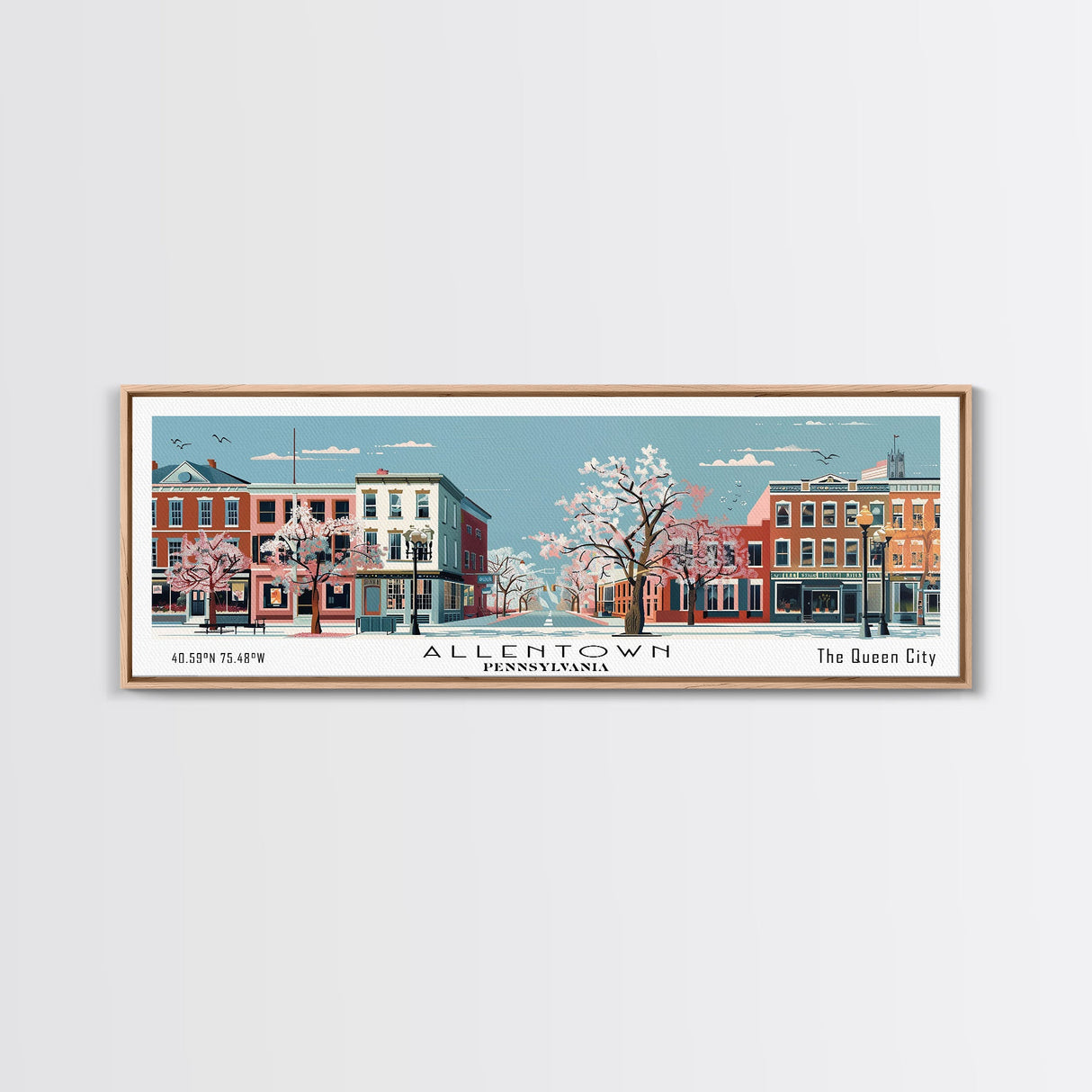 Allentown Pennsylvania Panoramic Painting, Mid Century Modern Framed Canvas Print, Retro Pop Art Travel Poster, Office Art, City Print