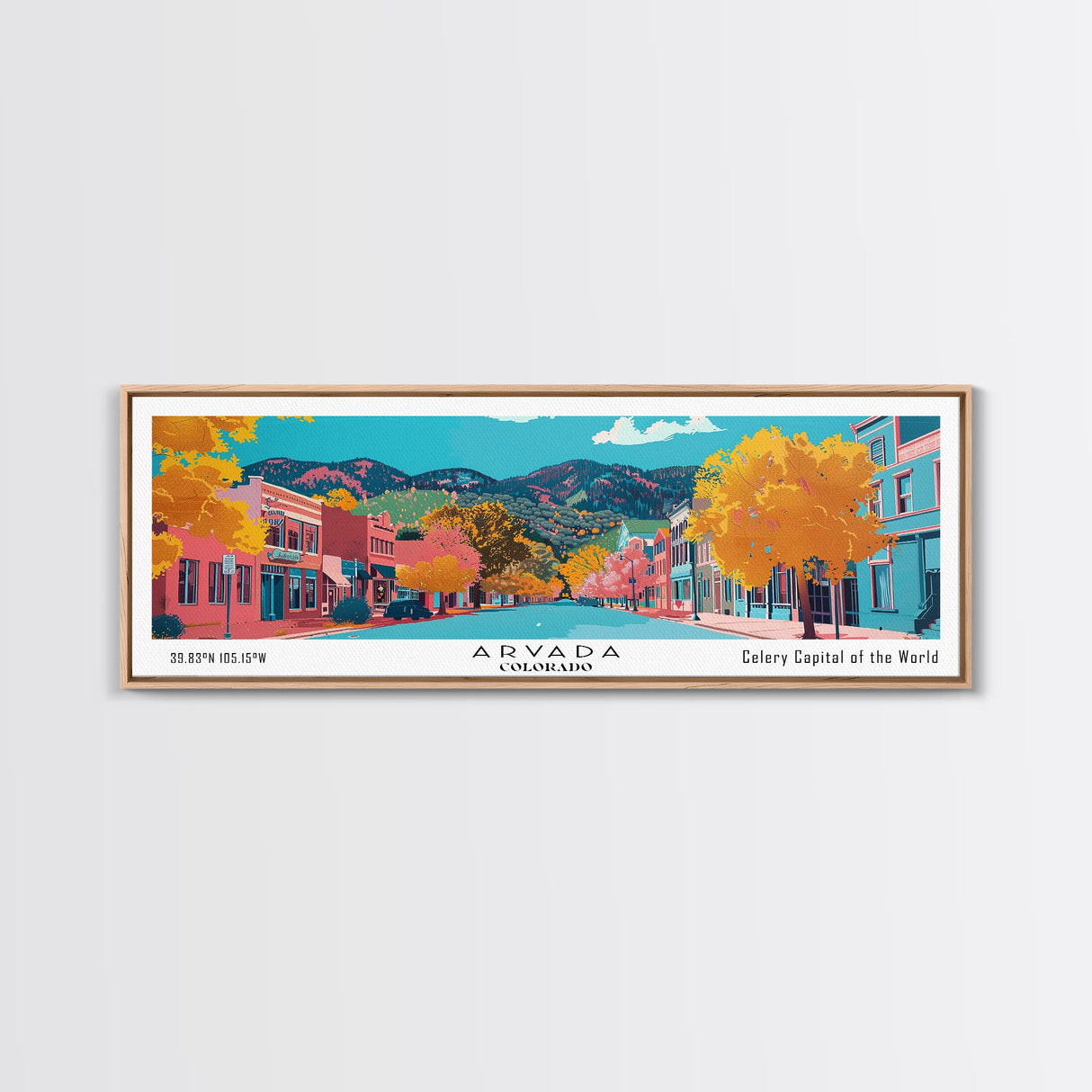 Arvada Colorado Panoramic Painting, Mid Century Modern Framed Canvas Print, Retro Pop Art Travel Poster, Living Room Wall Art, City Print