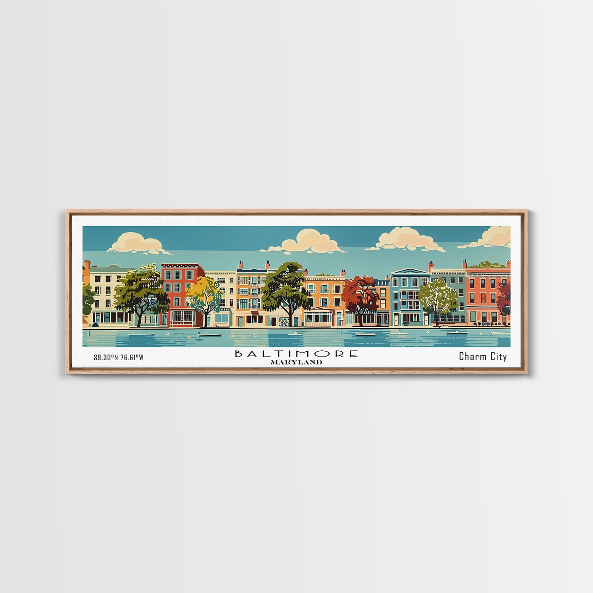 Baltimore Maryland Panoramic Painting, Mid Century Modern Framed Canvas Print, Retro Pop Art Travel Poster, Office Wall Art, City Print