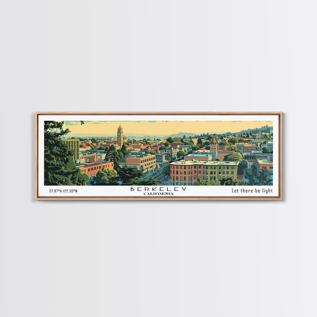 Berkeley California Panoramic Painting, Mid Century Modern Framed Canvas Print, Retro Pop Art Travel Poster, Home Decor, City Print