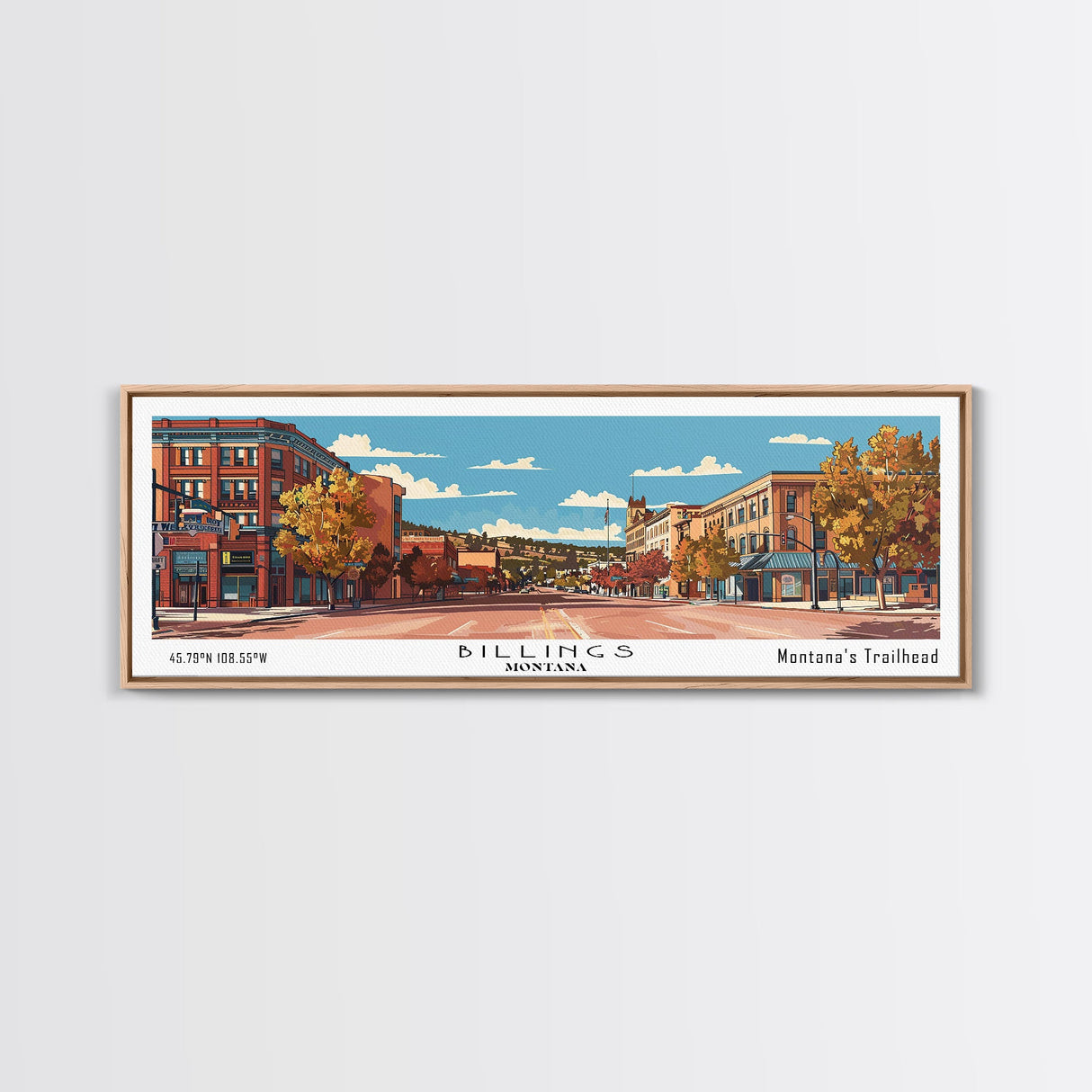 Billings Montana Panoramic Painting, Mid Century Modern Framed Canvas Print, Retro Pop Art Travel Poster, Living Room Wall Art, City Art