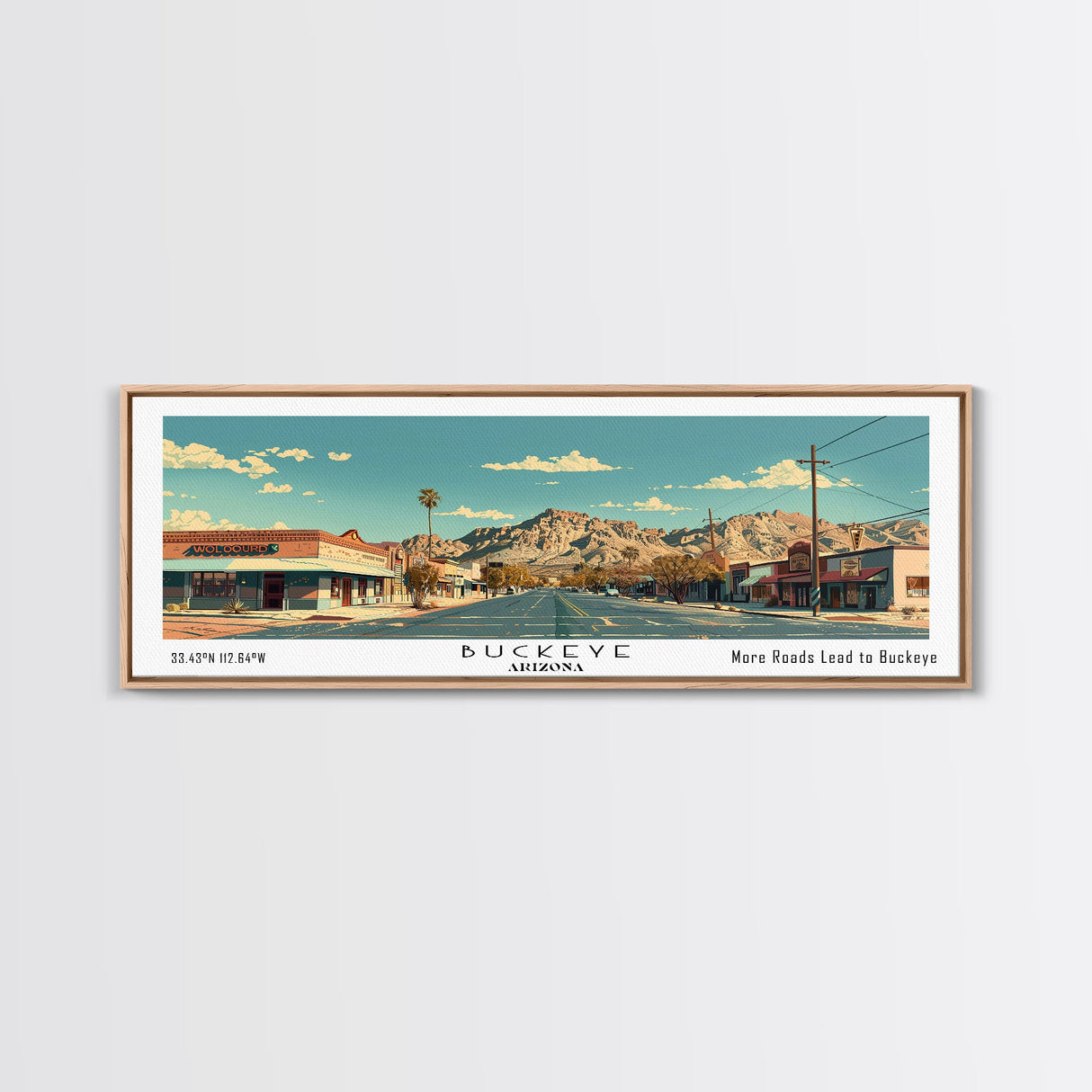 Buckeye Arizona Panoramic Painting, Mid Century Modern Framed Canvas Print, Retro Pop Art Travel Poster, Office Wall Art Decor, City Print