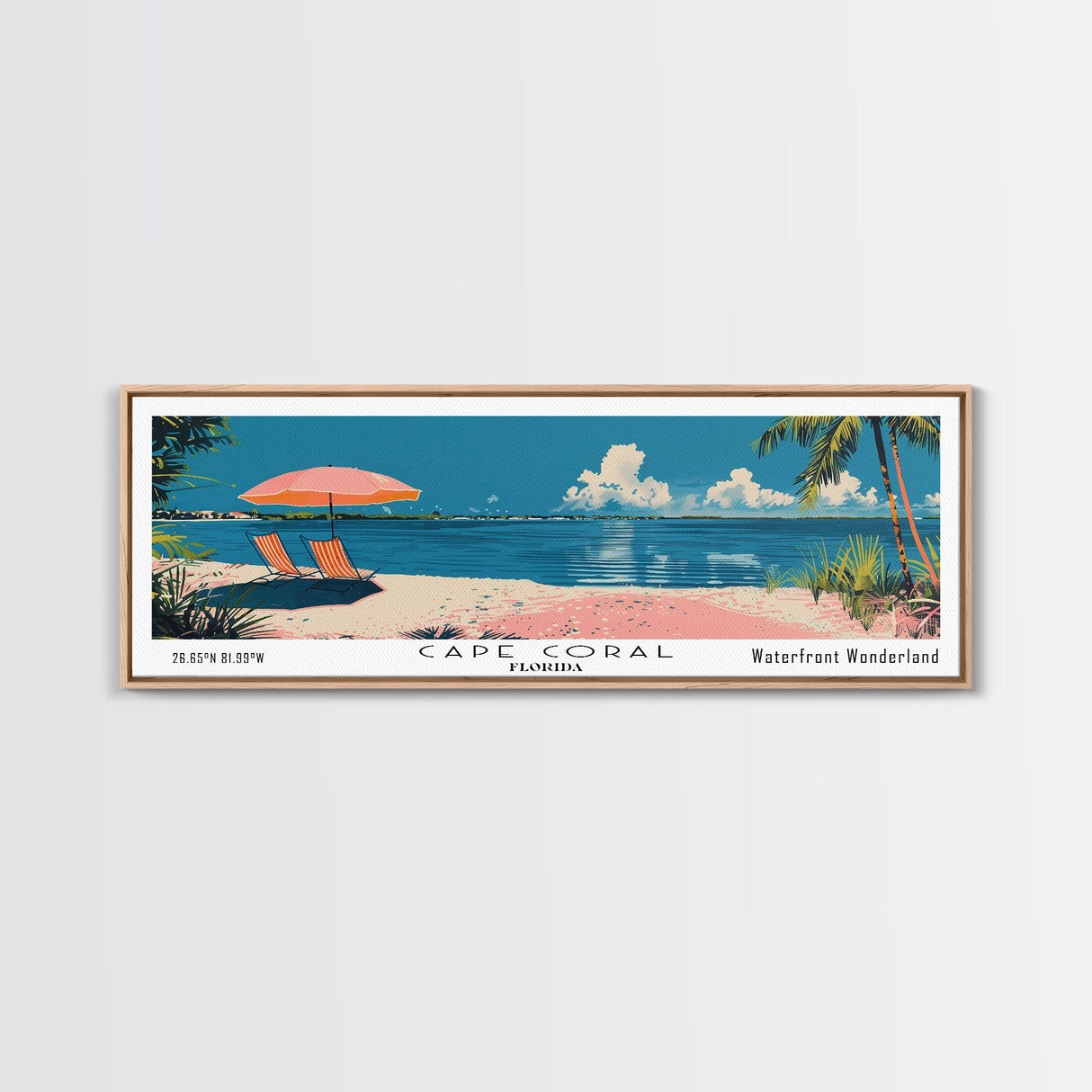 Cape Coral Florida Panoramic Painting, Mid Century Modern Framed Canvas Print, Retro Pop Art Travel Poster, Home Decor, City Print