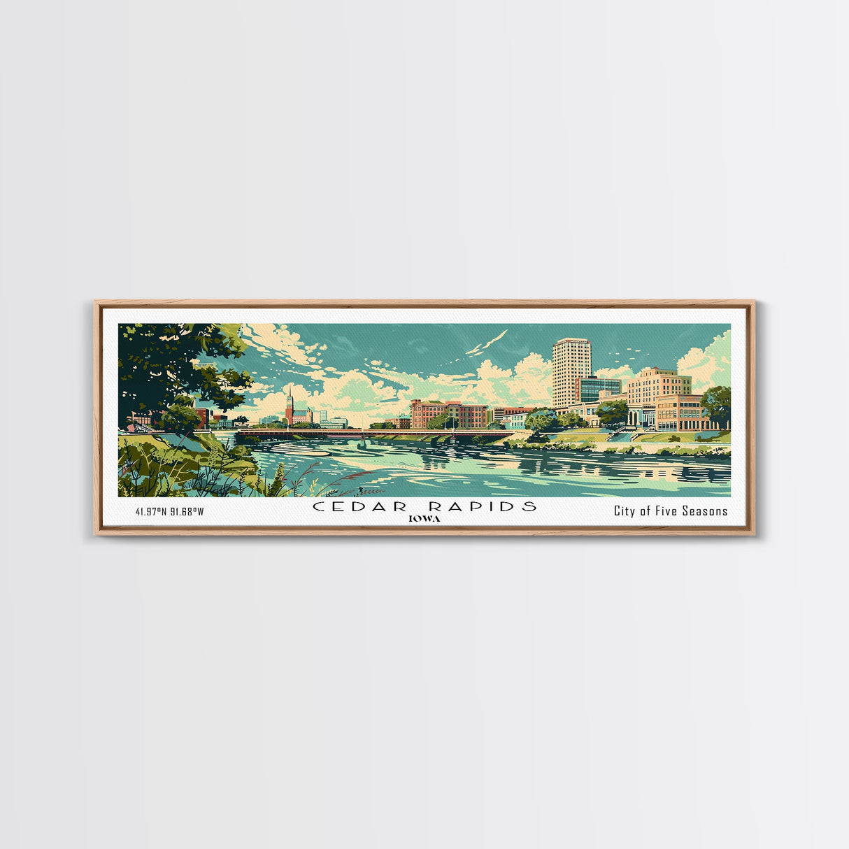 Cedar Rapids Iowa Panoramic Painting, Mid Century Modern Framed Canvas Print, Retro Pop Art Travel Poster, Living Room Wall Art Decor, City Print