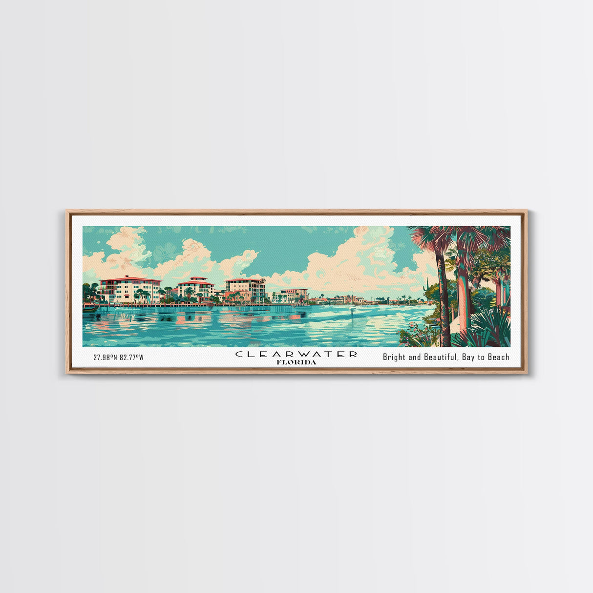 Clearwater Florida Panoramic Painting, Mid Century Modern Framed Canvas Print, Retro Pop Art Travel Poster, Home Decor, City Art