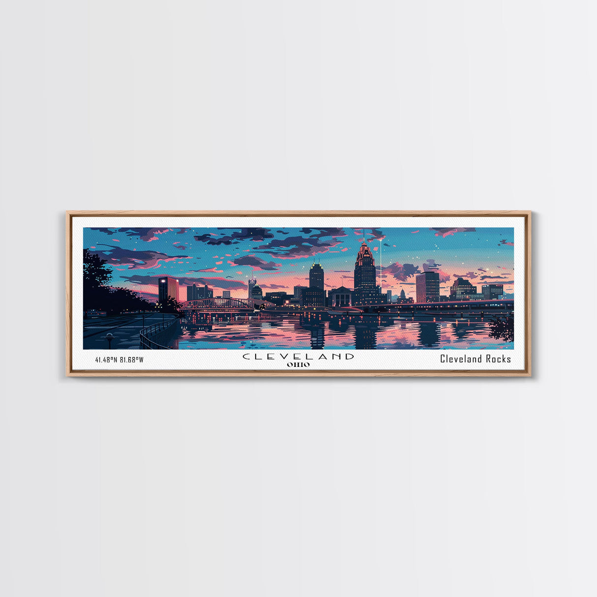 Cleveland Ohio Panoramic Painting, Mid Century Modern Framed Canvas Print, Retro Pop Art Travel Poster, City Wall Art, Office Decor