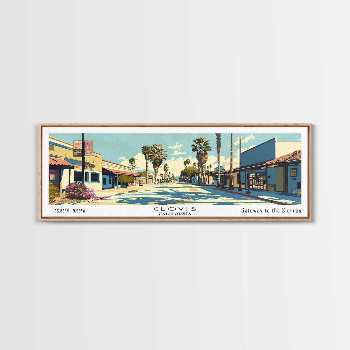 Clovis California Panoramic Wall Art, Mid Century Modern Framed Canvas Print, Retro Pop Art Travel Poster, City Office Decor, Home Art