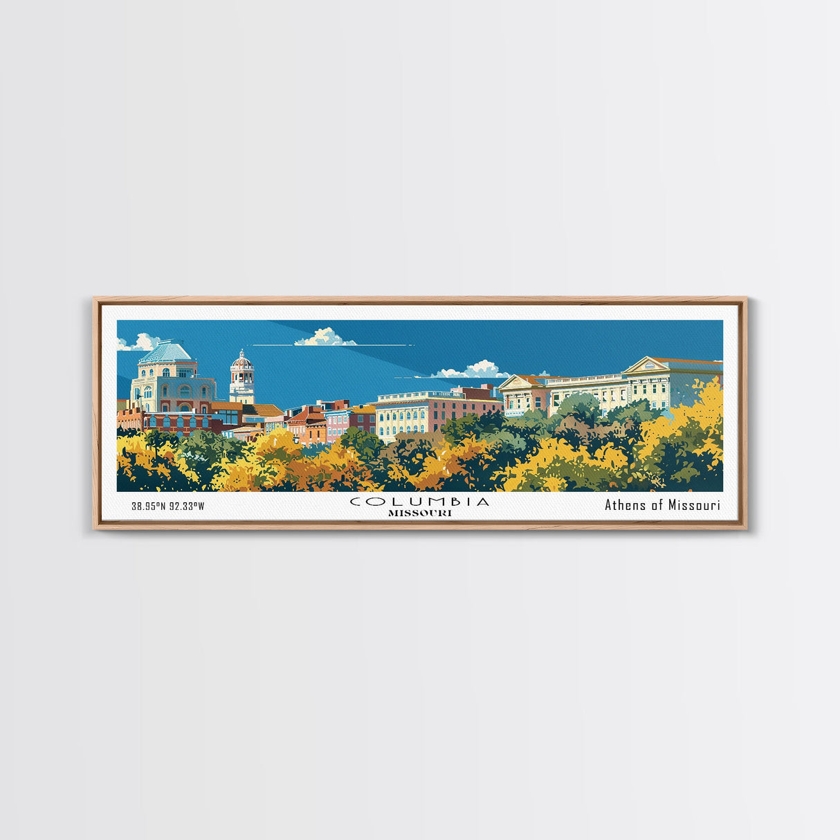 Columbia Missouri Panoramic Wall Art, Mid Century Modern Framed Canvas Print, Retro Pop Art Travel Poster, City Home Decor, Office Wall Art