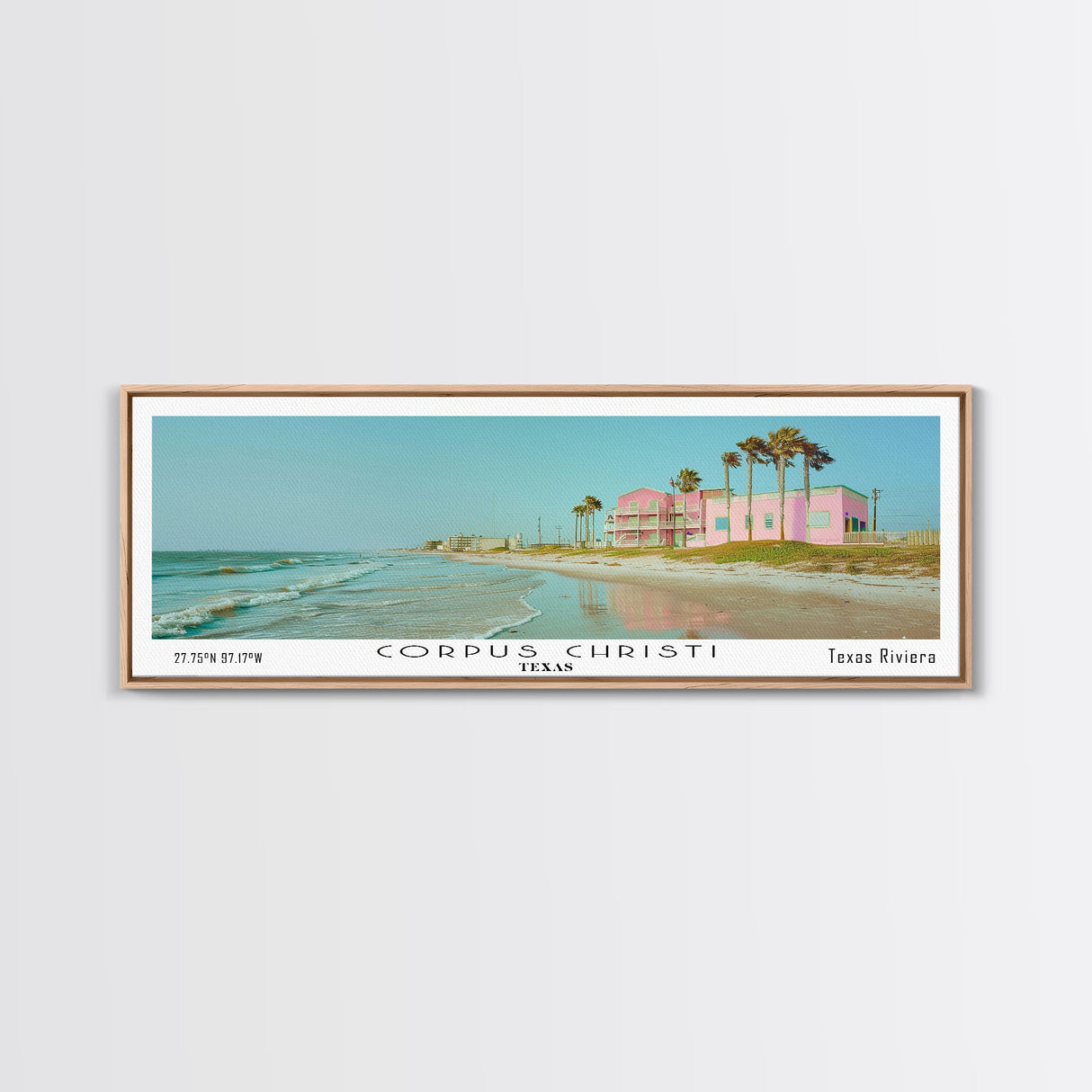 Corpus Christi Texas Panoramic Painting, Mid Century Modern Framed Canvas Print, Retro Pop Art Travel Poster, City Home Decor, Office Wall Art