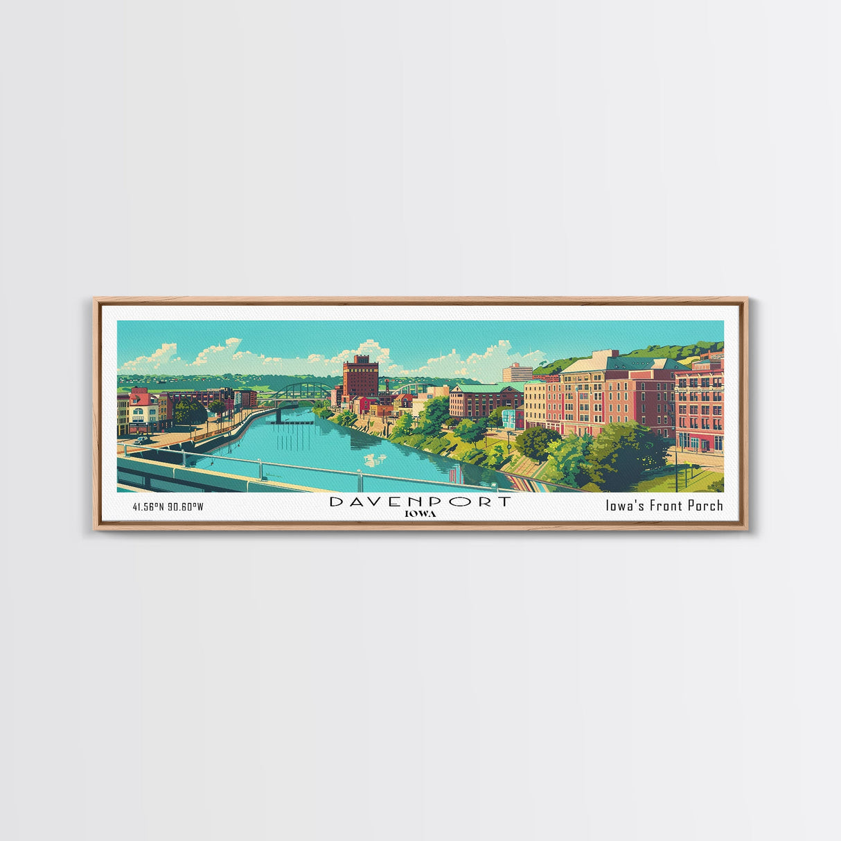 Davenport Iowa Panoramic Wall Art, Mid Century Modern Framed Canvas Print, Retro Pop Art Travel Poster, City Art Gift, Home Decor