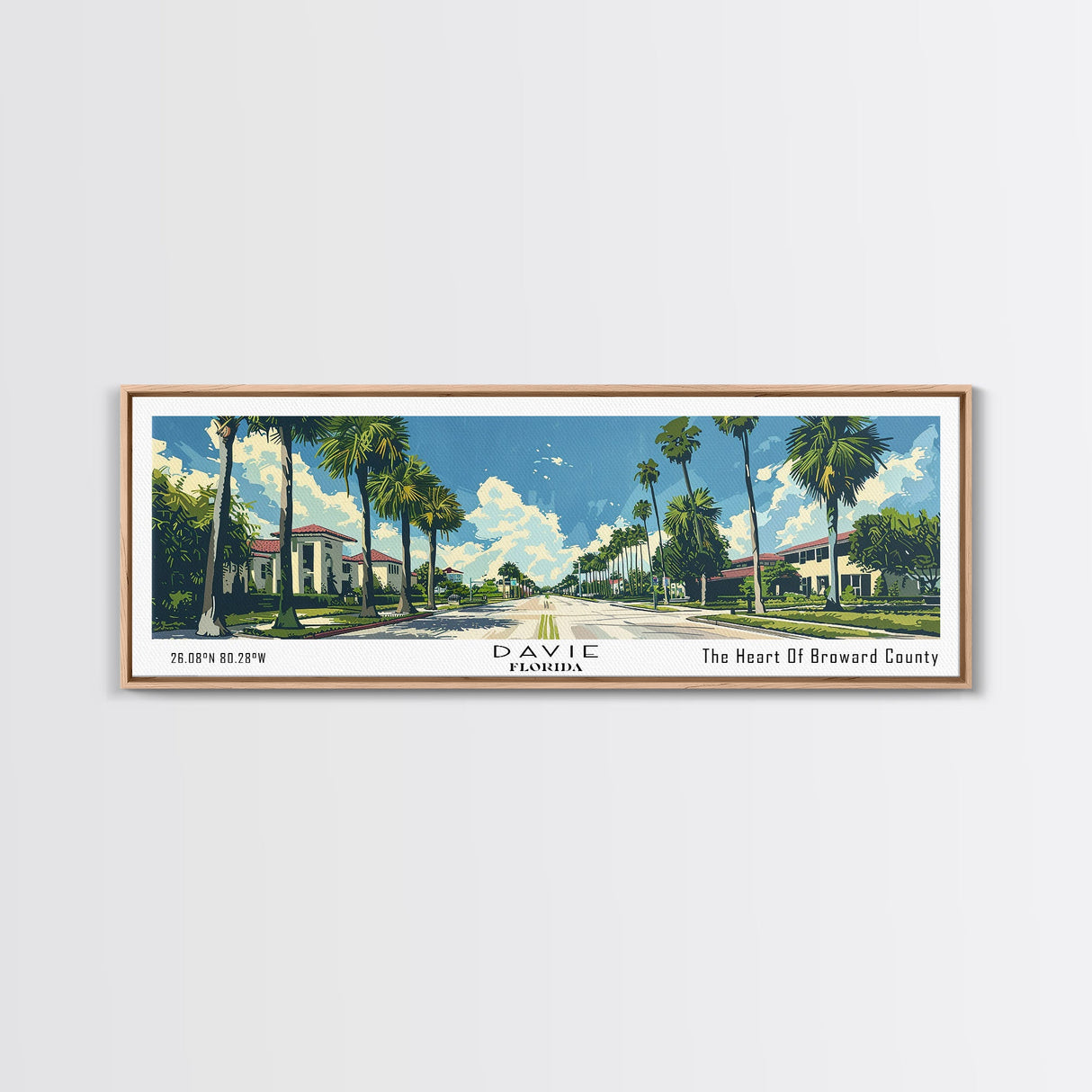 Davie Florida Panoramic Painting, Mid Century Modern Framed Canvas Print, Retro Pop Art Travel Poster, City Wall Art, Home Decor