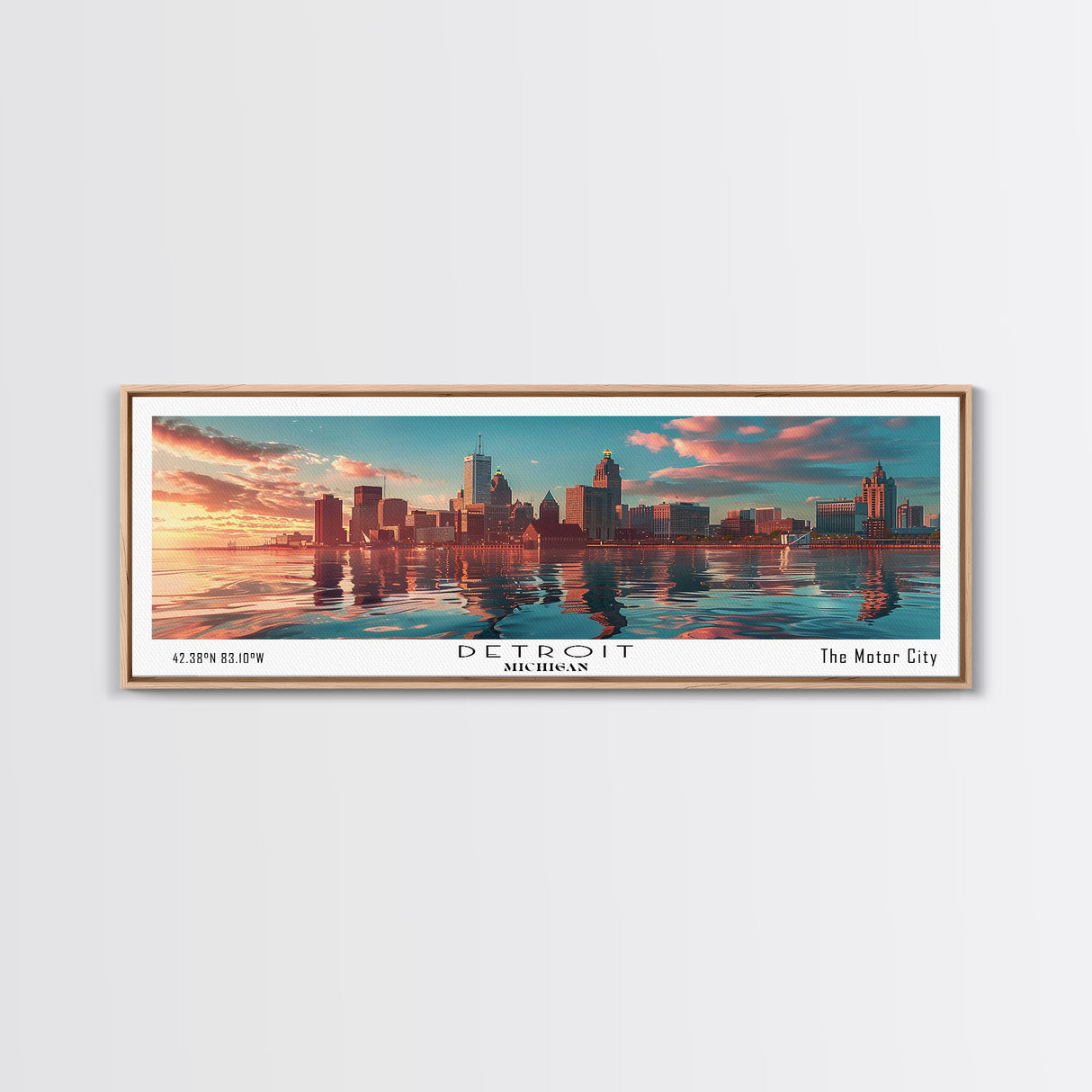 Detroit Michigan Panoramic Painting, Mid Century Modern Framed Canvas Print, Retro Pop Art Travel Poster, City Wall Decor, Home Art