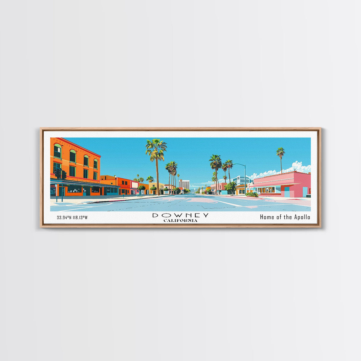 Downey California Panoramic Wall Art, Mid Century Modern Framed Canvas Print, Retro Pop Art Travel Poster, City Living Room Decor, Home Decor