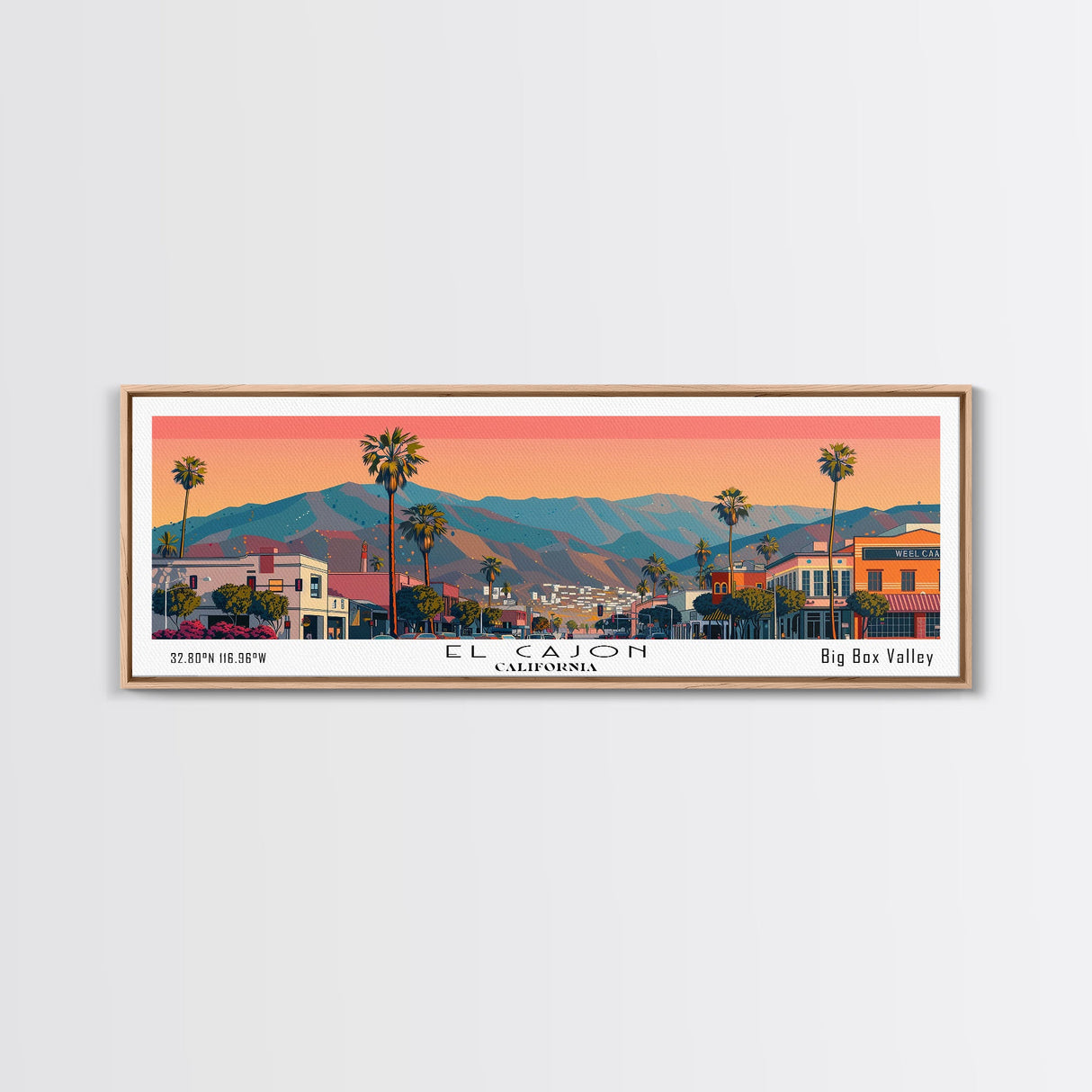 El Cajon California Panoramic Wall Art, Mid Century Modern Framed Canvas Print, Retro Pop Art Travel Poster, City Home Decor, Office Art