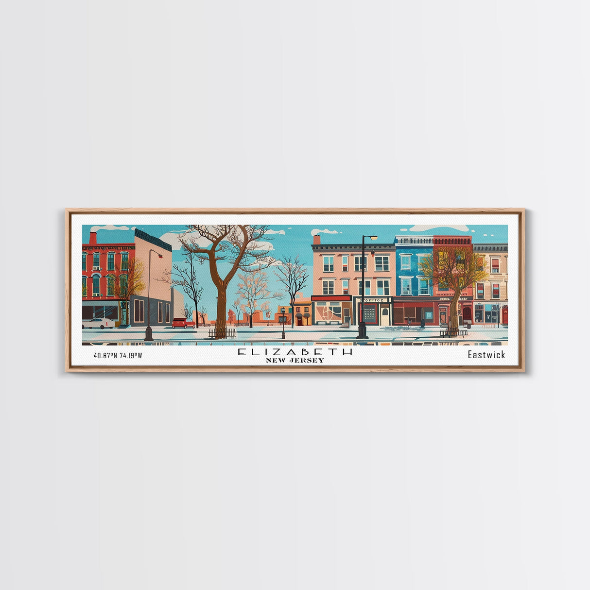 Elizabeth New Jersey Panoramic Wall Art, Mid Century Modern Framed Canvas Print, Retro Pop Art Travel Poster, City Home Decor, Office Art