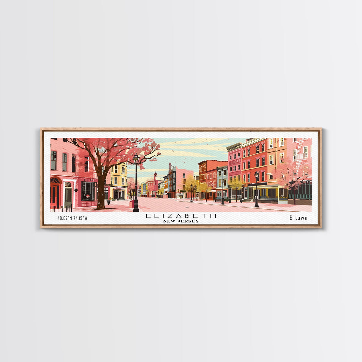 Elizabeth New Jersey Panoramic Wall Art, Mid Century Modern Framed Canvas Print, Retro Pop Art Travel Poster, City Home Decor, Office Art