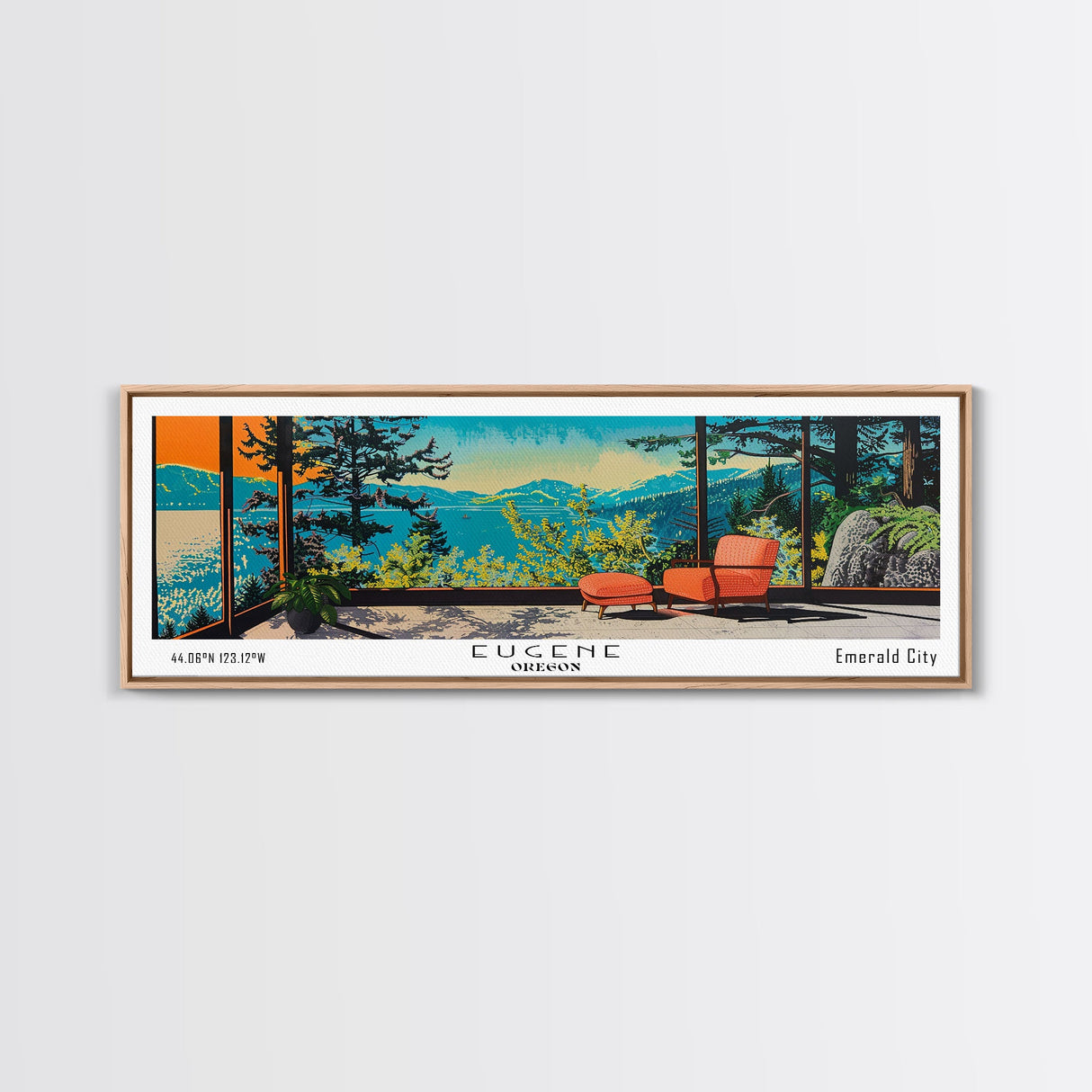 Eugene Oregon Panoramic Art, Mid Century Modern Framed Canvas Print, Retro Pop Art Travel Poster, Office Wall Decor